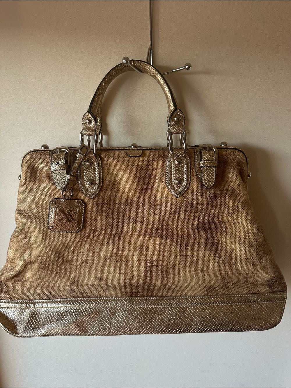Vintage Maxx New York Gold Metallic Snakeskin Trim Satchel Bag